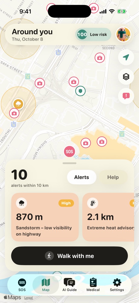 Map of hazards and alerts around you