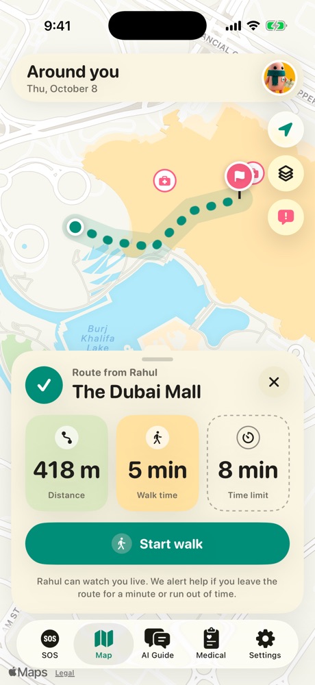 Walk route planned by a contact, with distance and time limit