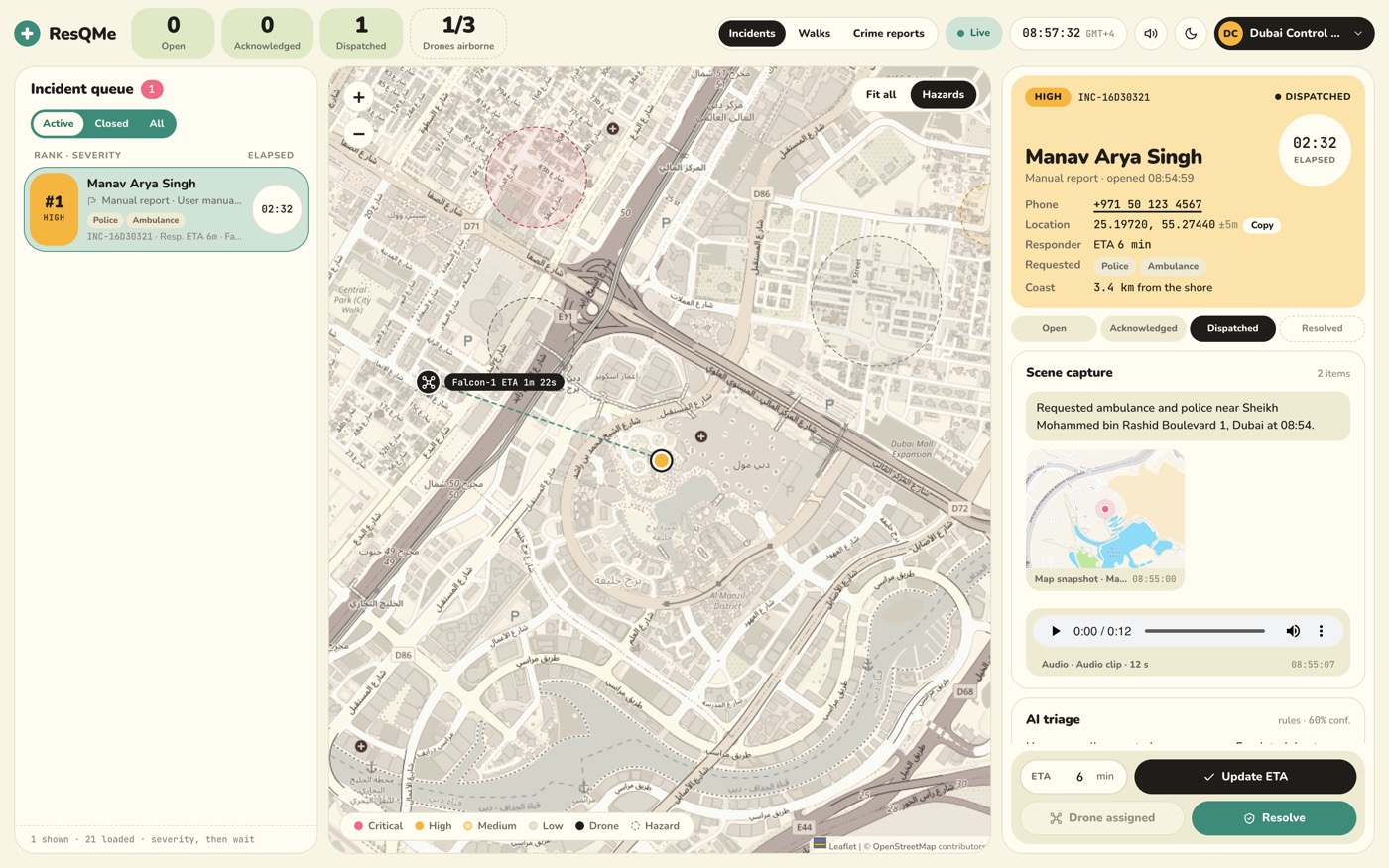 Console map with drone Falcon-1 flying to a high-severity alert in Downtown Dubai