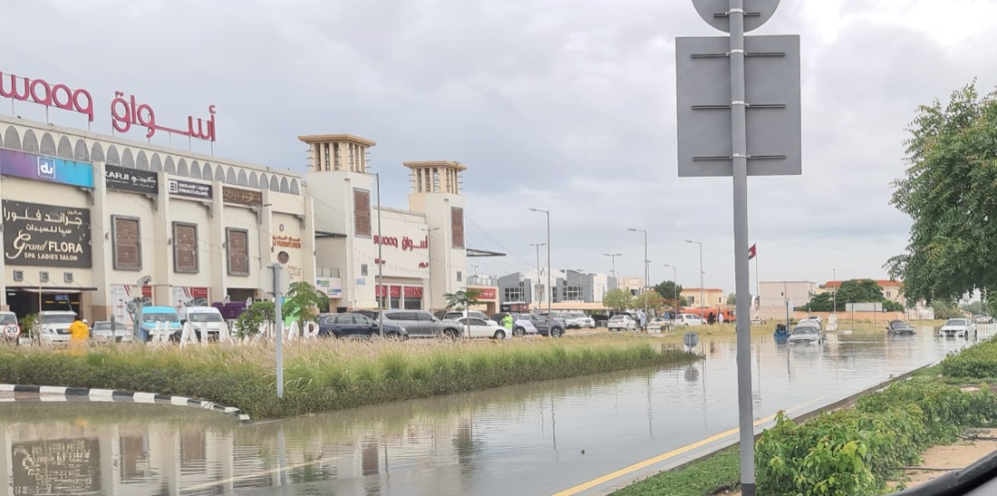Cars stranded on a flooded road in Dubai